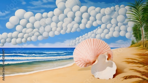 Summer vacation destination to exotic tropical beach collage, unspoiled natural beauty, pretty sea shells, blue sky with clouds, relaxing holiday, vibrant colorful pastel colors - generative AI