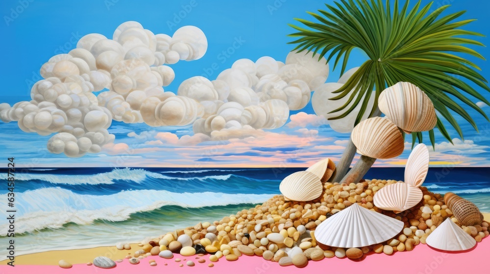 Summer vacation destination to exotic tropical beach collage, unspoiled natural beauty, pretty sea shells, blue sky with clouds, relaxing holiday, vibrant colorful pastel colors - generative AI
