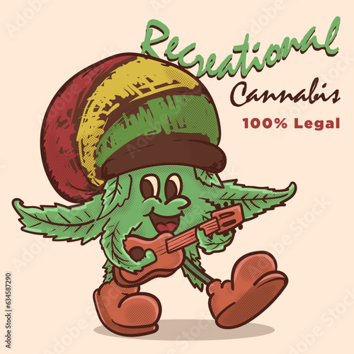 rastafari playing guiotar for recreational hemp concept. retro ganja with face mascot concept vector illustration