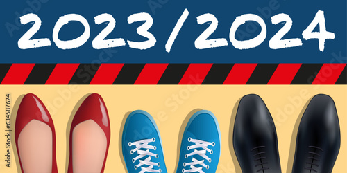 Concept de la rentrée des classes de 2024, avec pour symbole, les chaussures vues du dessus de deux parent et d’un élève devant la ligne de départ.