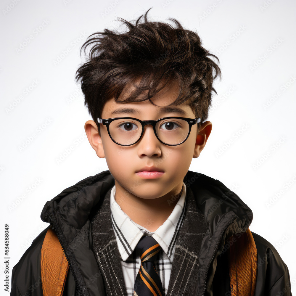 Professional studio head shot of a 15-year-old Chinese boy with glasses, engrossed in reading.