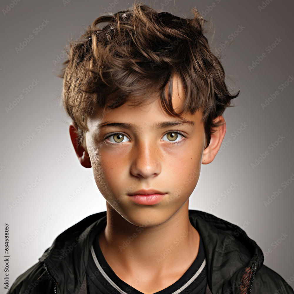 Professional studio head shot of a confident 12-year-old Montenegrin boy with a self-assured look. Professional studio head shot of a confident 12-year-old Montenegrin boy with a self-assured look.