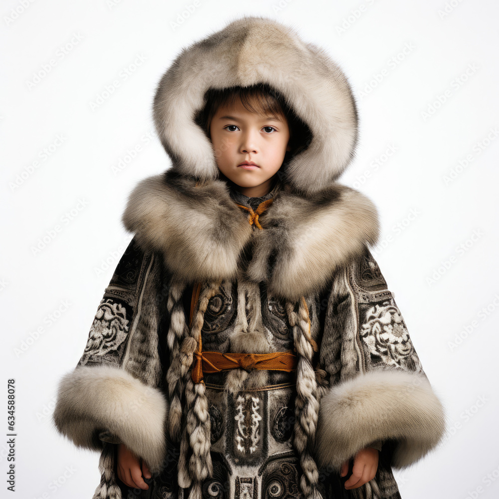 Studio shot of an 8-year-old Yakut in traditional clothing. Studio shot of an 8-year-old Yakut in traditional clothing.