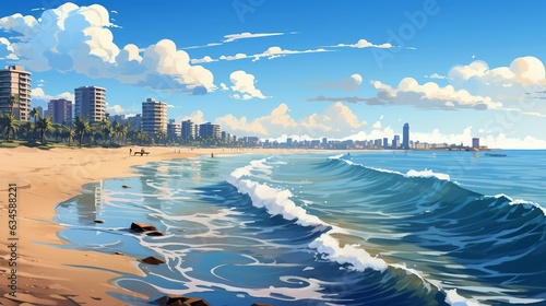An illustration of a beach with a city in the background AI Generated
