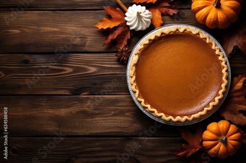 pumpkin pie for on wooden table for thanksgiving dinner with space for text on the left