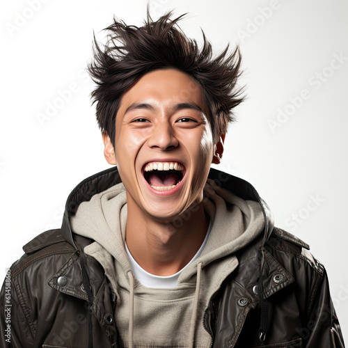 A professional studio headshot capturing the jubilant laughter of a 25-year-old Chinese man.