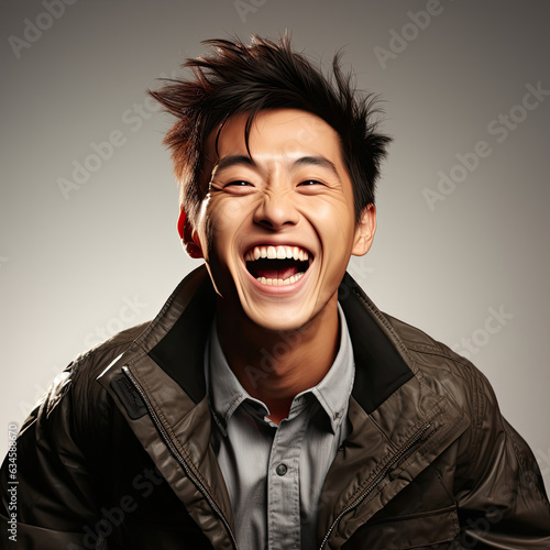 A professional studio headshot capturing the jubilant laughter of a 25-year-old Chinese man.