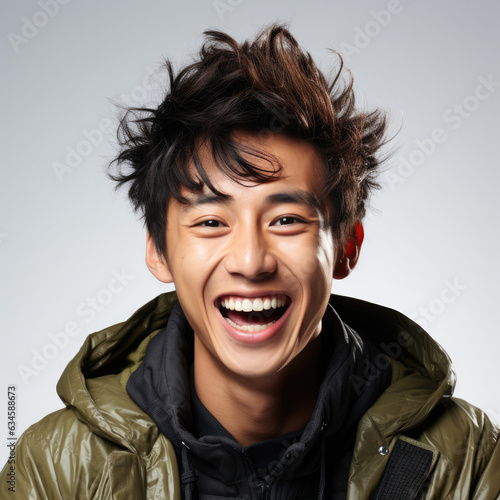 A professional studio headshot capturing the jubilant laughter of a 25-year-old Chinese man.