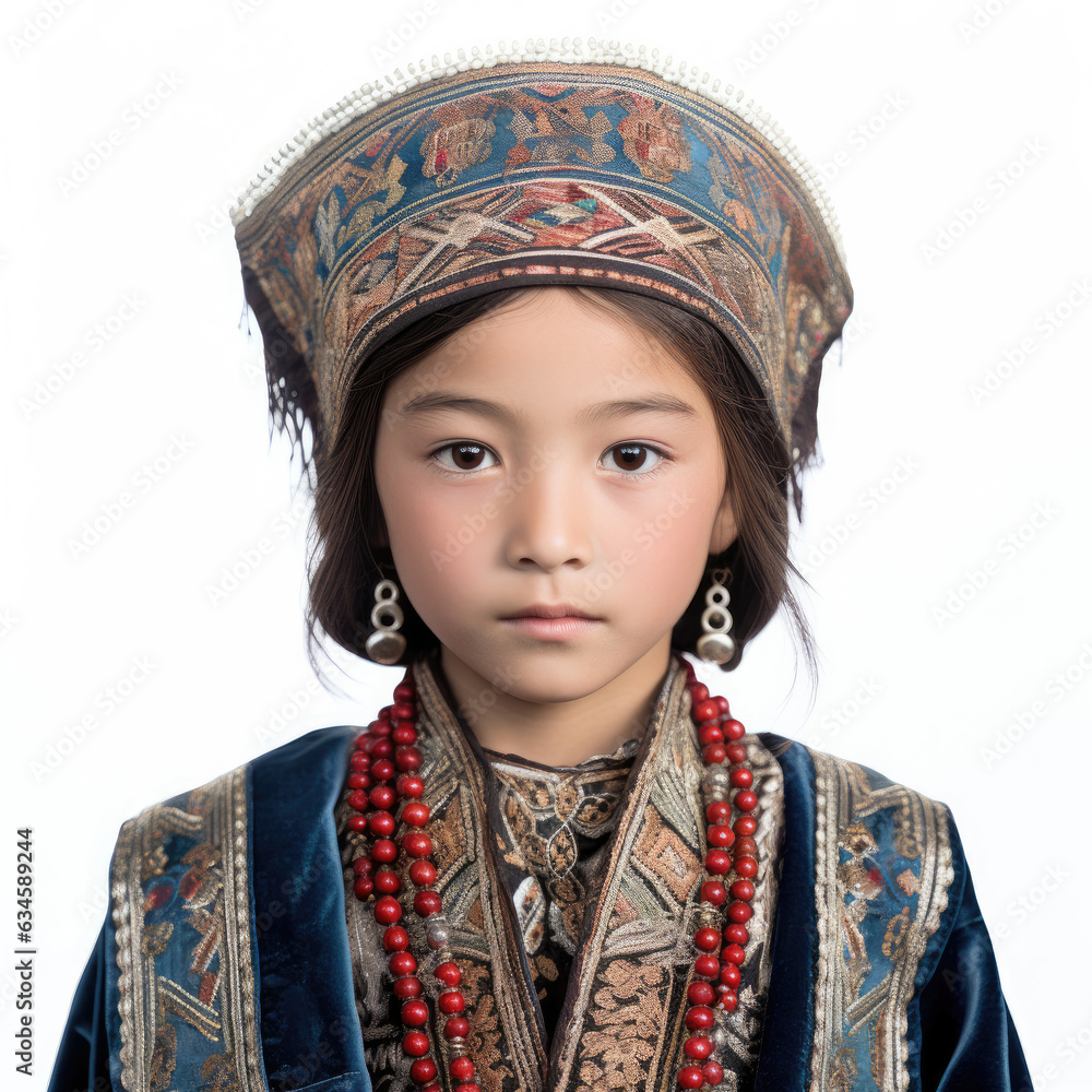 Studio shot of an 8-year-old Uighur child wearing traditional clothing.