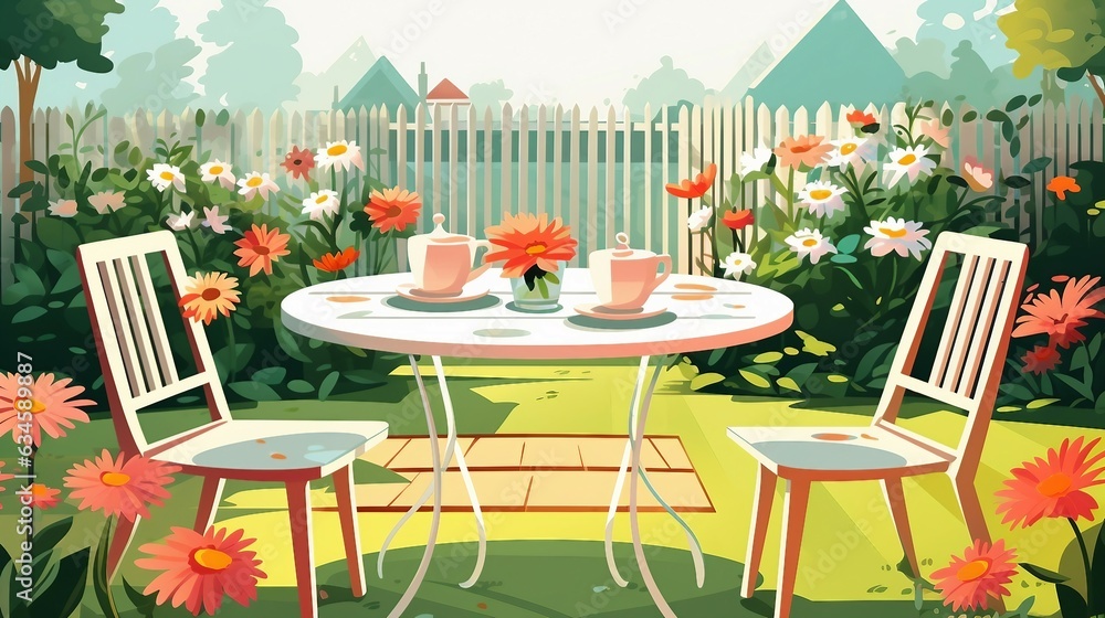 Obraz premium An illustration of a table and chairs with coffee cups in a garden with flowers AI Generated