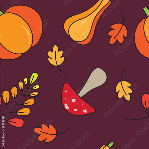 PrintSeamless pattern with pumpkins and autumn leaves. Vector illustration ,graphic design in warm bright color for different design uses like cards, autumn banner and other . photo