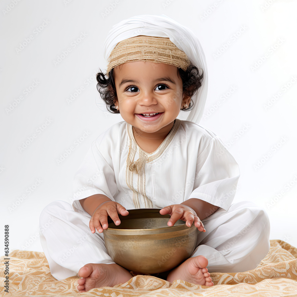 Studio shot of an adorable Omani toddler wearing a mini dishdasha, isolated on a pure white background. Studio shot of an adorable Omani toddler wearing a mini dishdasha, isolated on a pure white background.