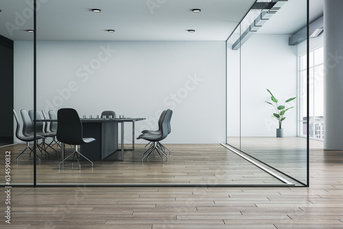 Obraz na plátně Clean glass meeting room interior with wooden flooring, furniture, equipment and window with city view