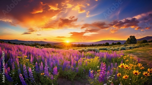 Meadow of lavender and wildflowers with mountains at sunset AI Generated
