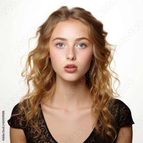 Professional studio head shot of a playful 14-year-old Luxembourg girl sticking her tongue out slightly.