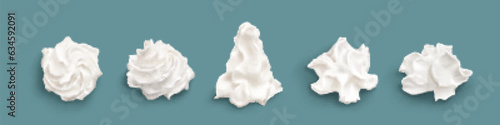 3d white isolated cake cream ice whip swirl vector. Soft vanilla foam decoration for pie food or cupcake. Sweet frozen realistic whipped butter mousse curl top pack. Decorating confectionery twirl