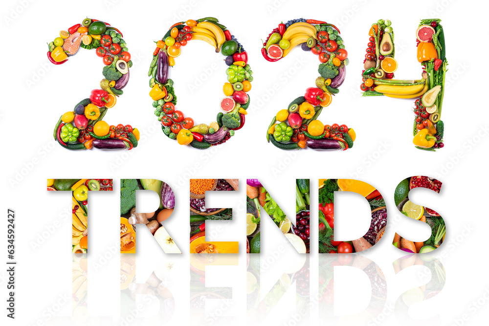 New year 2024 food trends. New year 2024 made of fruits and vegetables