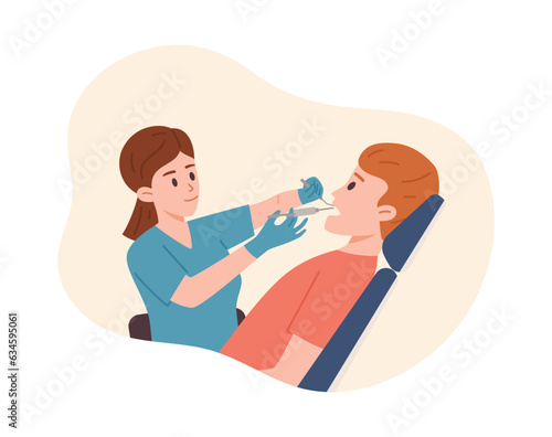 Doctor doing local anesthesia prick injection in the mouth dental treatment patient in chair vector cartoon illustration