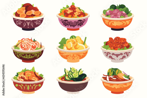 Hawaiian poke bowl collection multiple set vector isolated illustration