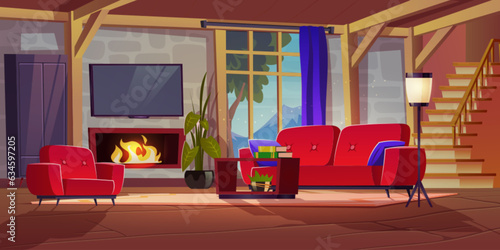 Cozy living room with fireplace in chalet with mountain view in window. Vector cartoon illustration of house interior with armchair and sofa, books on table, tv on wall, floor lamp, wardrobe, stairs