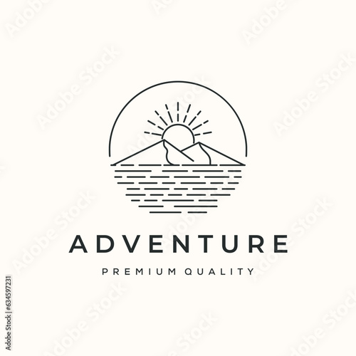 mountain adventure line art logo vector minimalist illustration design, outdoor mountain logo design