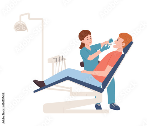 Dentists office, dental treatment patient in chair, vector doctor doing local anesthesia prick injection in the mouth