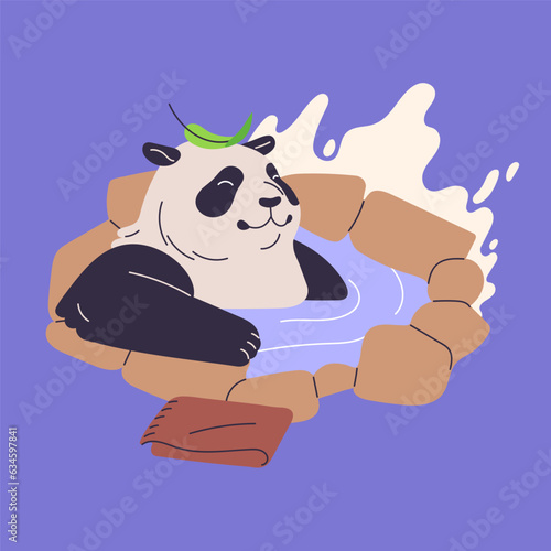 Cute panda rest in onsen. Fluffy asian bear bathe in hot spring, happy jungle character sitting in pond and smile, glad plump chinese animal relax and lying in water. Flat isolated vector illustration