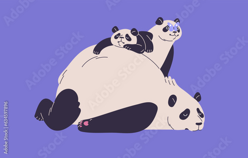 Cute panda family. Funny Asian bear, fluffy babies, tired mother sleep, animals spend time together, motherhood and childhood concept. Happy character rest with kids. Flat isolated vector illustration