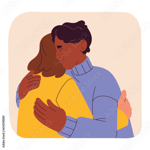 Man hug friend, scared solitude, need company, trust and support, afraid isolation. Autophobia, monophobia, phobia of loneliness concept. Friendship help with mental disorder. Flat vector illustration photo