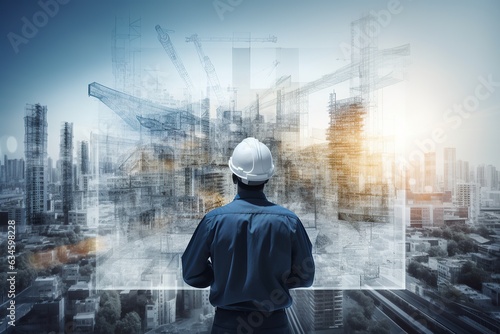 Construction engineer holding blueprint in front of city background. Double exposure effect photo