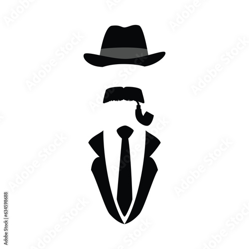 Elegant man silhouette - hat, mustache and smoking pipe, flat vector illustration isolated on white background.