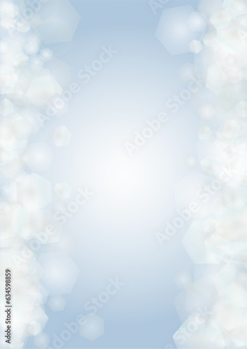 Vector Magical Glowing Background with Silver and Purple Falling Hexagon on Blue. Falling Snow. Glittery Confetti Frame. Christmas and New Year Design. Winter Sky with Bokeh Snowfall.