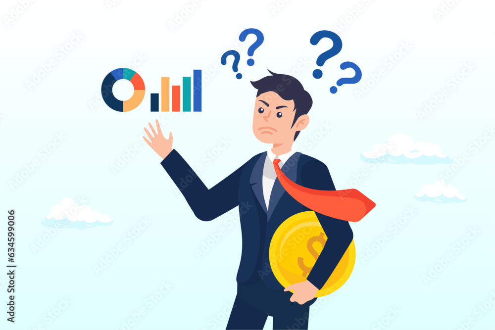 Businessman investor holding money coin thinking about investment, money question, where to invest, pay off debt or invest to earn profit, financial choice or alternative to make decision (Vector) Businessman investor holding money coin thinking about investment, money question, where to invest, pay off debt or invest to earn profit, financial choice or alternative to make decision (Vector)