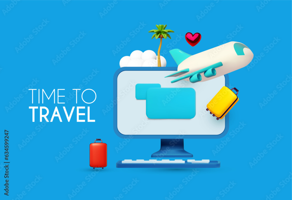 3D airplane travel concept. Booking service design. Travel agency. Online ticket booking. 3D airplane travel concept. Booking service design. Travel agency. Online ticket booking.