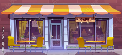 Street cafe building outside terrace exterior vector illustration. Outdoor city restaurant table and chair near entrance door with open sign panorama background. Urban cafeteria with yellow tent
