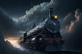 steam train in the mountains and clouds in the fantasy world.