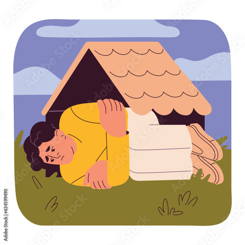 Agoraphobia, sociophobia, phobia of crowd concept. Man lying at home alone, afraid big gathering of people. Loneliness and panic attacks. Psychology of fear, mental disorder. Flat vector illustration