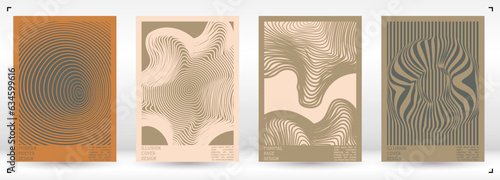 Geometrical Poster Design with Optical Illusion Effect.  Modern Psychedelic Cover Page Collection. Pastel Wave Lines Background. Fluid Stripes Art. Swiss Design. Vector Illustration for Brochure.