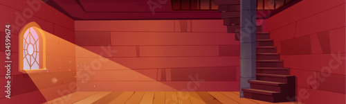 Old medieval wooden room empty interior with stairs and column. Sunlight from window with magic sparkle inside castle tower panorama. Mystery fairytale indoor location with staircase horizontal design