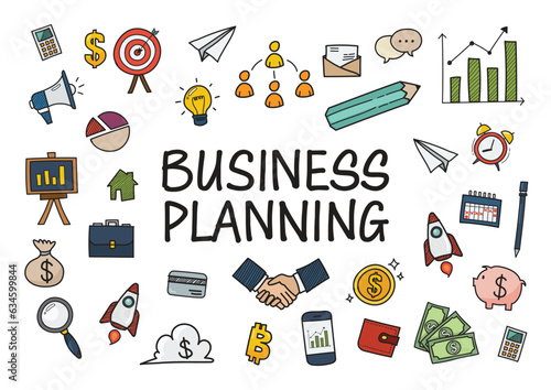 Business doodles hand drawn color icons