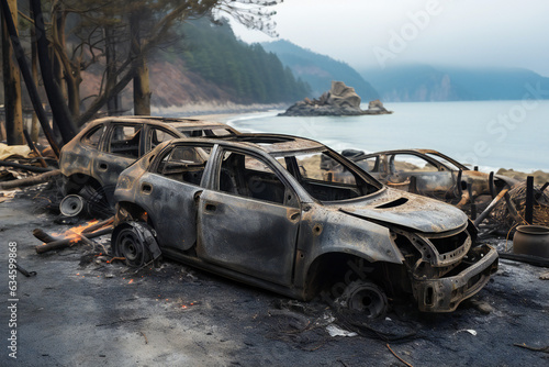 Several Cars burned after forest fire disaster, standing near beach, sea, lake