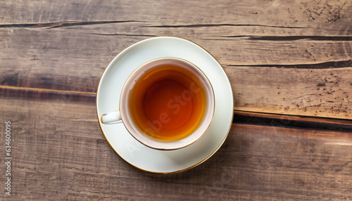 Top view of cup of tea on vintage wooden background.
