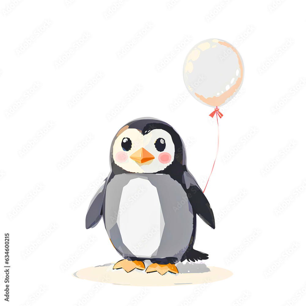 Obraz premium cute penguin with balloon isolated on transparent background, illustration of animal character for decoration greeting cards, invitations, prints, textile or wall art
