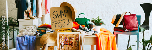 swap party for try on clothes, bags, shoes and accessories, friends change clothes, second hand and zero waste life, eco-friendly approach to consumption, clothes hanger in loft interior