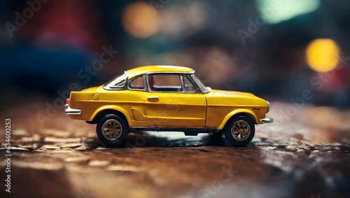 Macro photo of a yellow toy car Generative AI