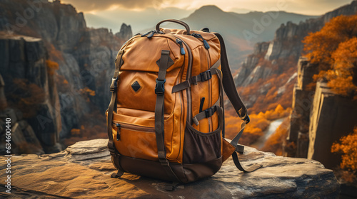 Foto A backpack is placed on a rocky cliff with a backdrop of autumn trees and mountains