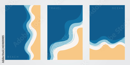 Set of abstract modern poster background. travel banner illustration of sandy beach, sea. aerial view of ocean blue waves. vector brochure design.