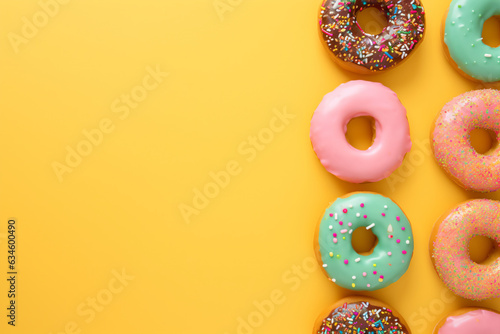 multicolor Delicious glazed donuts on orange background, flat lay. Space for text - Generative AI