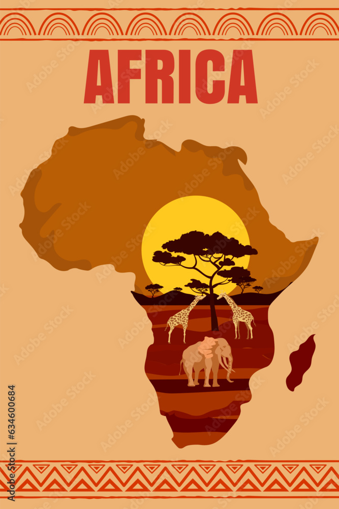 Ταπετσαρία Africa travel poster map continent, animals