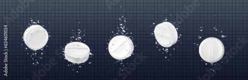 Effervescent aspirin tablet with underwater bubble. Fizzy white medicine vitamin isolated on transparent background. Paracetamol dose sparkling. Pharmaceutical solution from migraine to drink